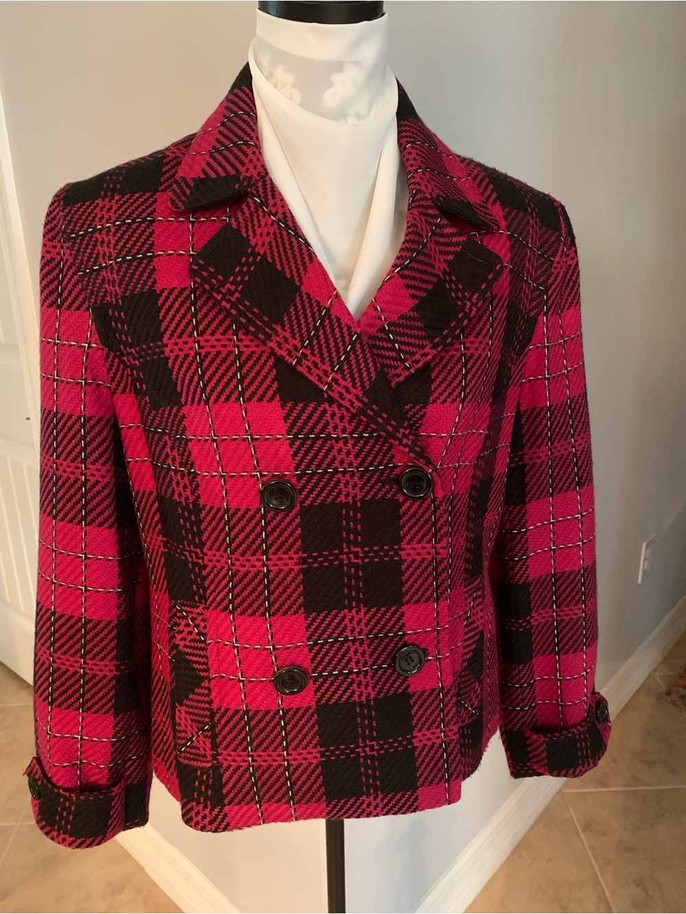 Evan Picone Pink and Black Plaid Double-Breasted Pea Coat